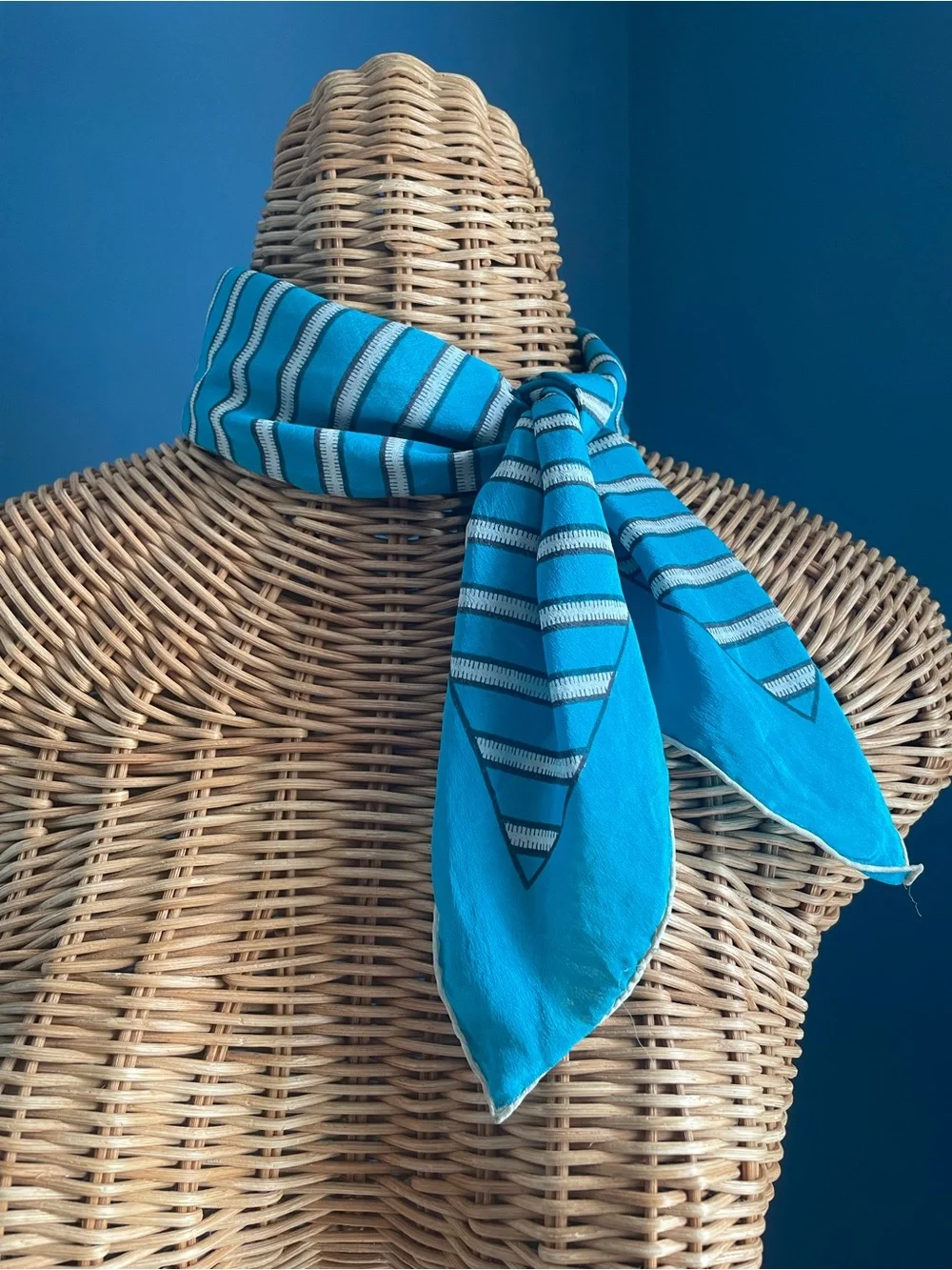 Vintage Square Silk Scarf Neckerchief Teal Blue Geometric Stripe Pattern